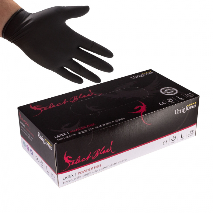 Boîte de 100 gants Unigloves Select (latex) - Noir non poudrés