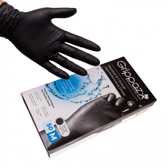 Boîte de 50 gants Grippaz - Gants antidérapants haute performance en nitrile - Noir