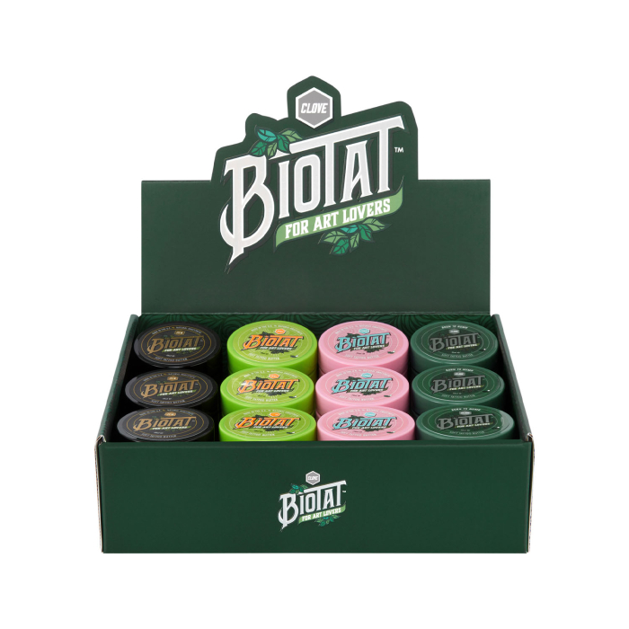 Boîte de 12 assortis BIOTAT Beurre doux pour tatouage 50 ml Présentoir de studio