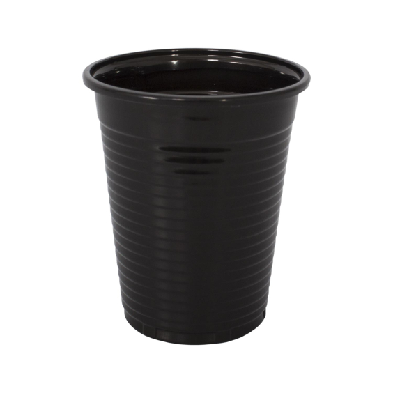 Black plastic rinse cup with ribbed sides and flared rim