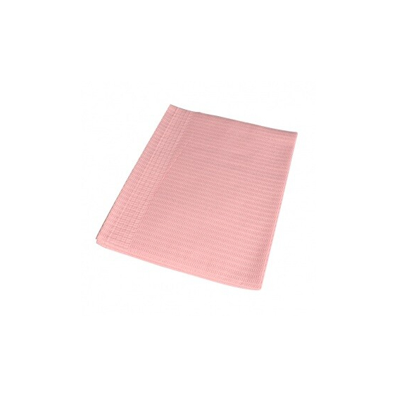 Pink textured lap cloth folded, part of bag of 125 lap cloths set.