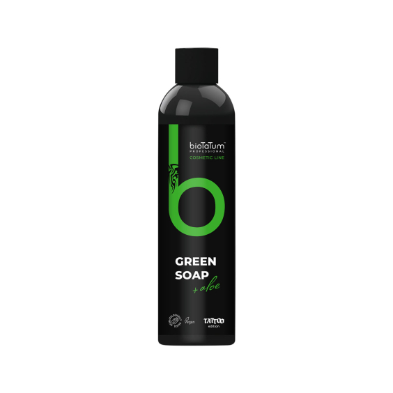 BioTaTum Green Soap with Aloe Vera 250ml black bottle for tattoo care