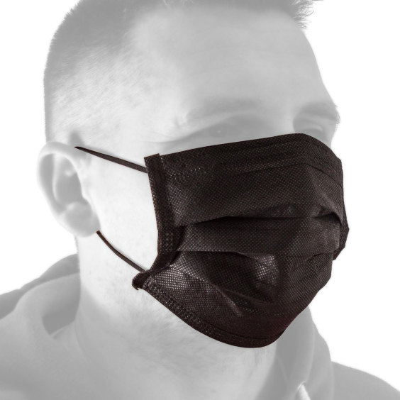 Man wearing a black disposable Killer Ink Black Line face mask side view.