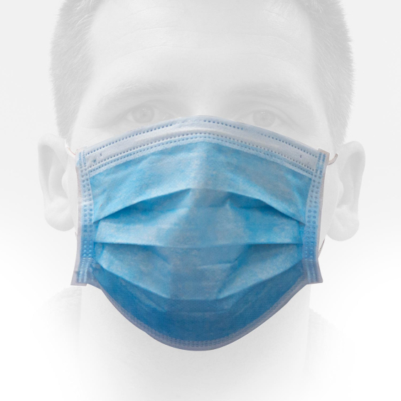 Man wearing blue disposable surgical mask from box of 50 Killer Ink surgical masks