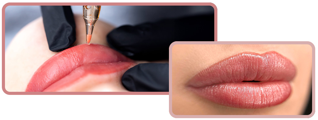 Gros plan d’un traitement lip blush en maquillage permanent