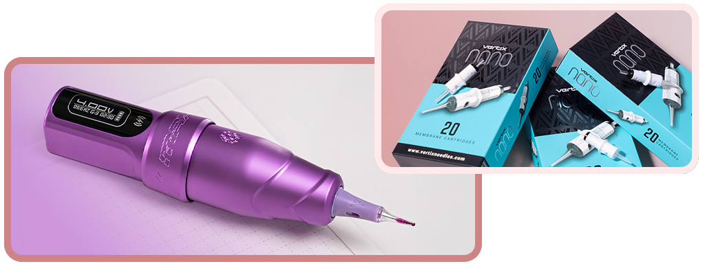 Machine de maquillage permanent violette et cartouches Vertix Nano dans un emballage bleu et noir