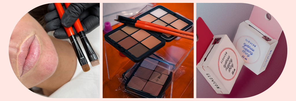 Trois visuels produits : les PMUni Carve Pre Draw Brushes, la PMUni 12 Shade Cream Concealer Palette, et un fil de mapping des sourcils.