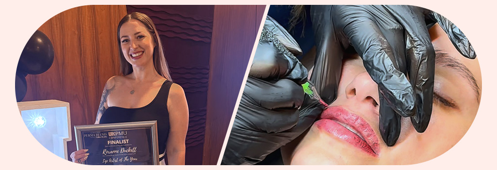 Roxie, fondatrice de PMU Device & Co, avec un prix à gauche et une cliente en plein soin de lip blush à droite